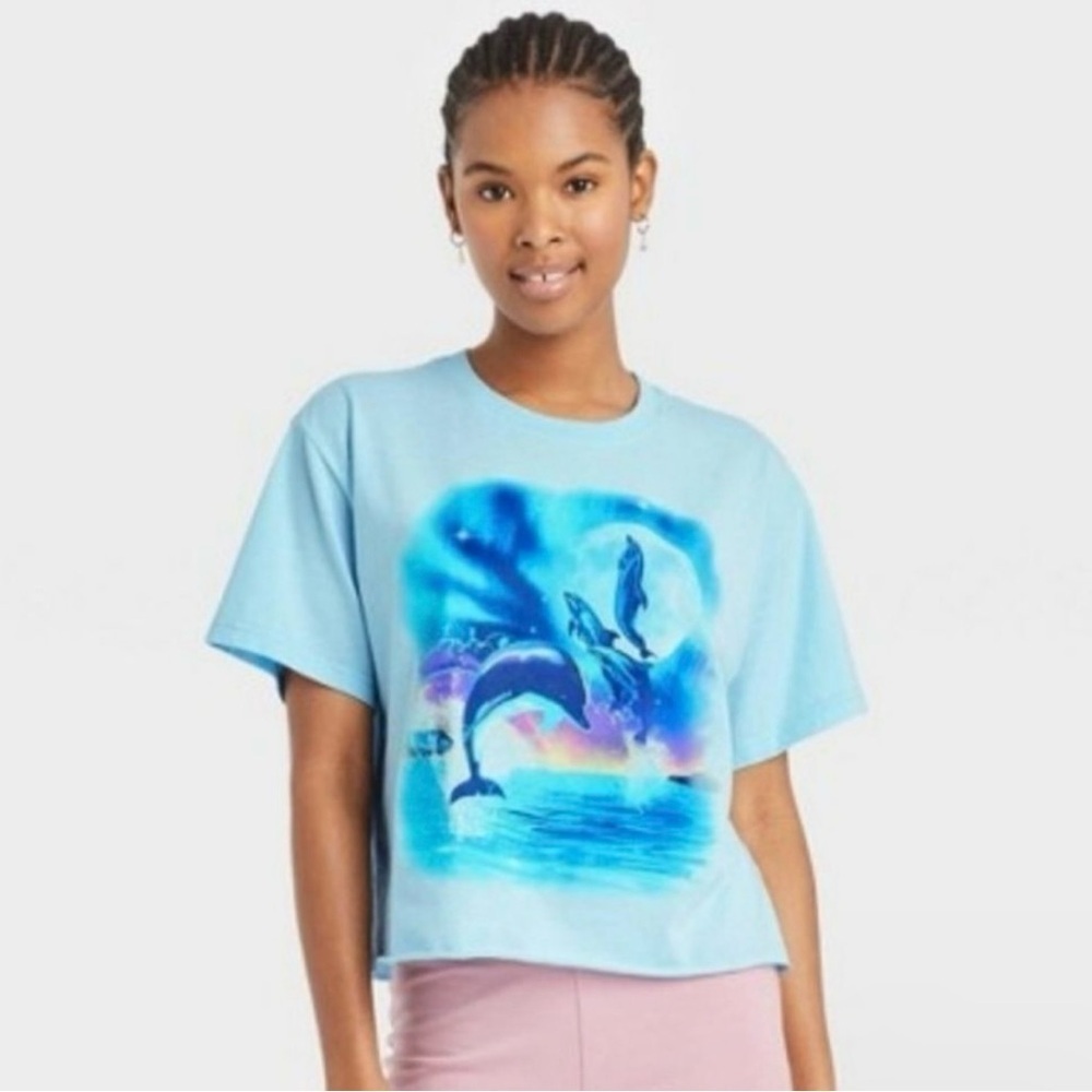 NWT Mighty Fine Blue Dolphin Graphic Overaized Boxy Crop Top size medium